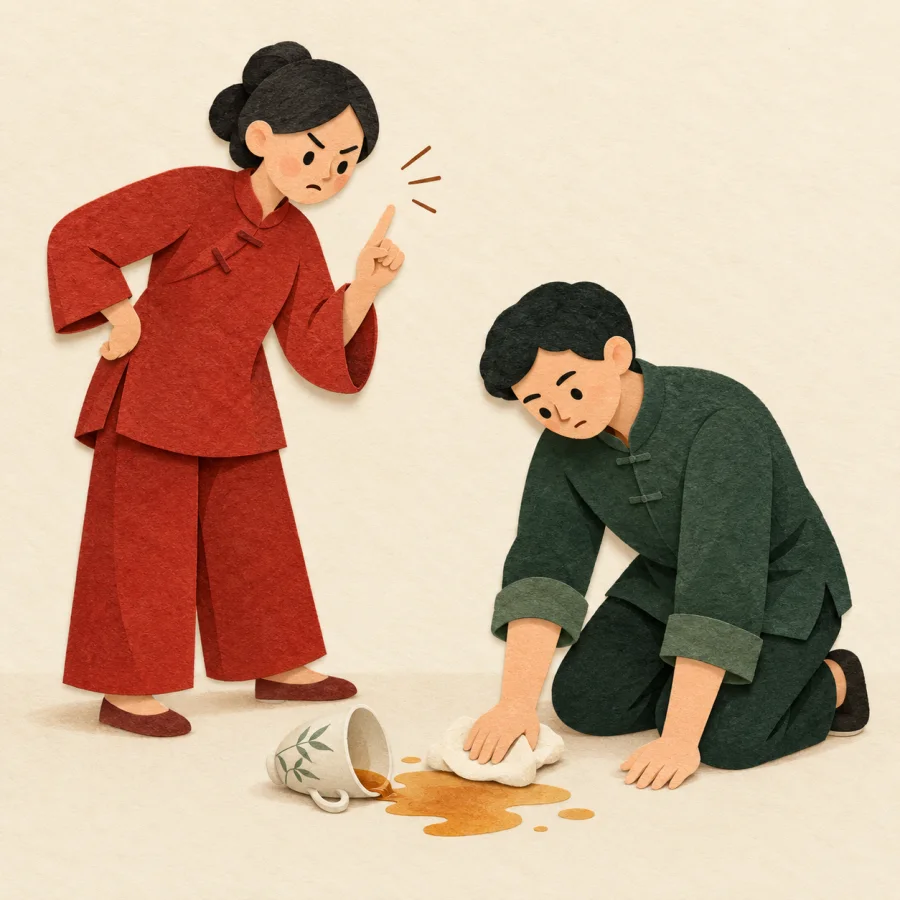 A person pointing at spilled tea while another is already mopping