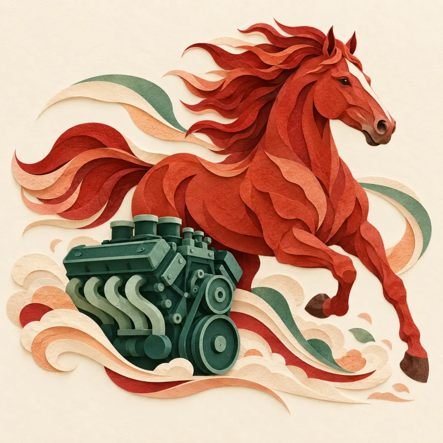 A strong horse next to a small engine