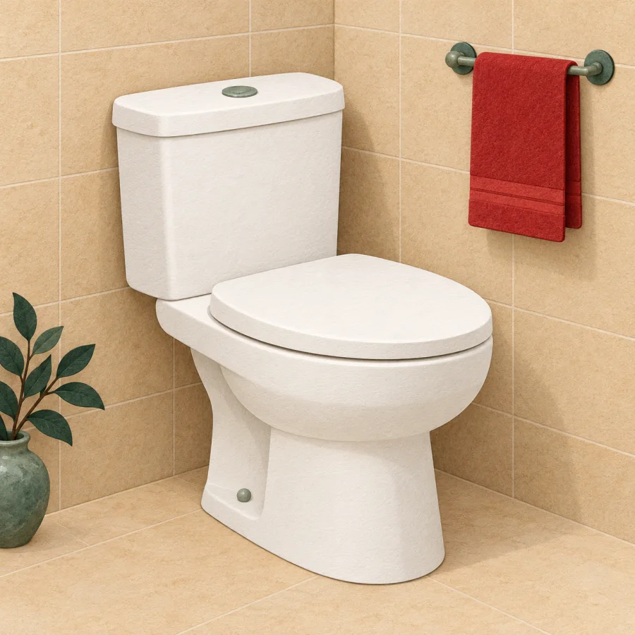 A white toilet in the corner of a bright bathroom