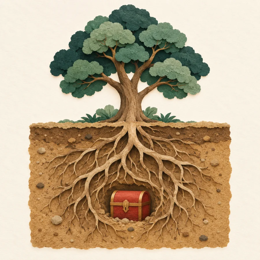 A chest half showing in the soil under a tree