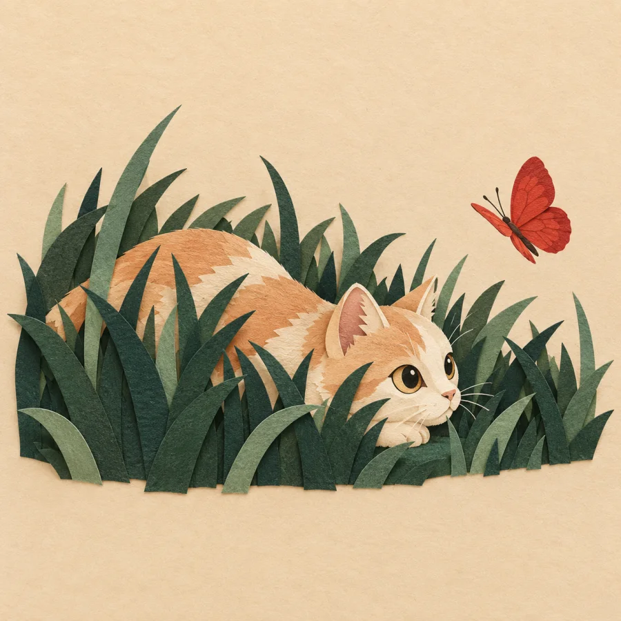 A cat crouching in the grass watching a butterfly
