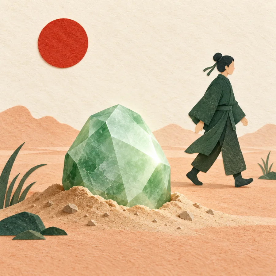 A gem half buried in sand while a person walks past