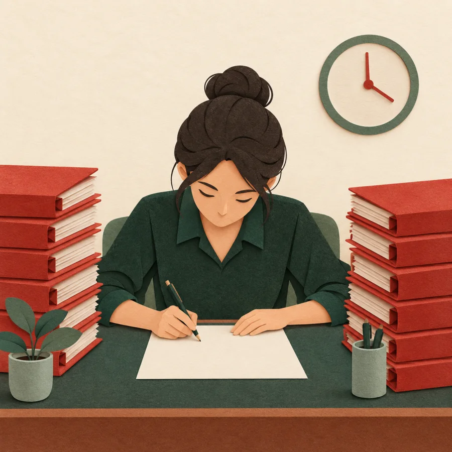 A person at a desk working with head bowed in focus