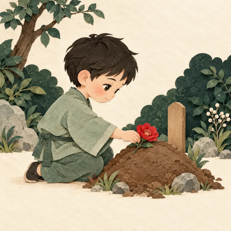 A child beside a small mound with a flower in a garden