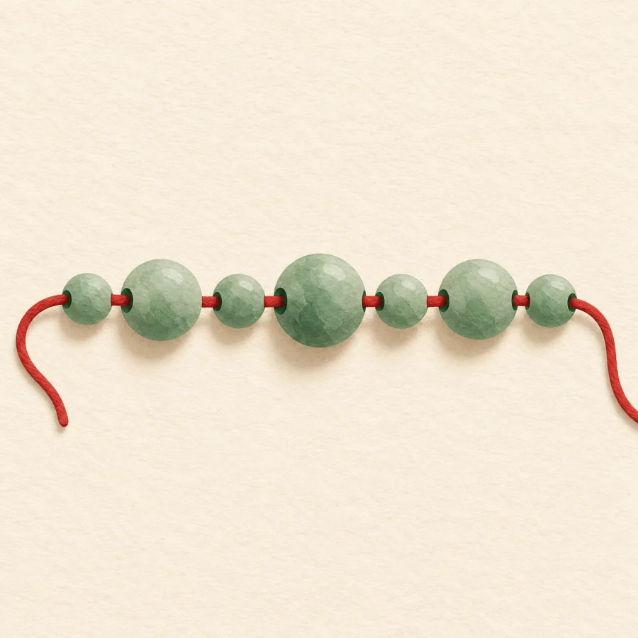 A red thread running through beads on a table