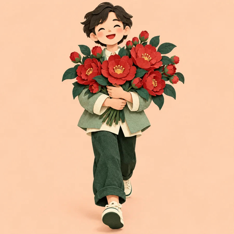 A smiling person carrying an armful of flowers