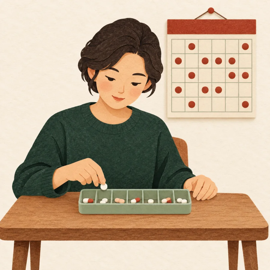 A person with a pill organiser and a wall calendar