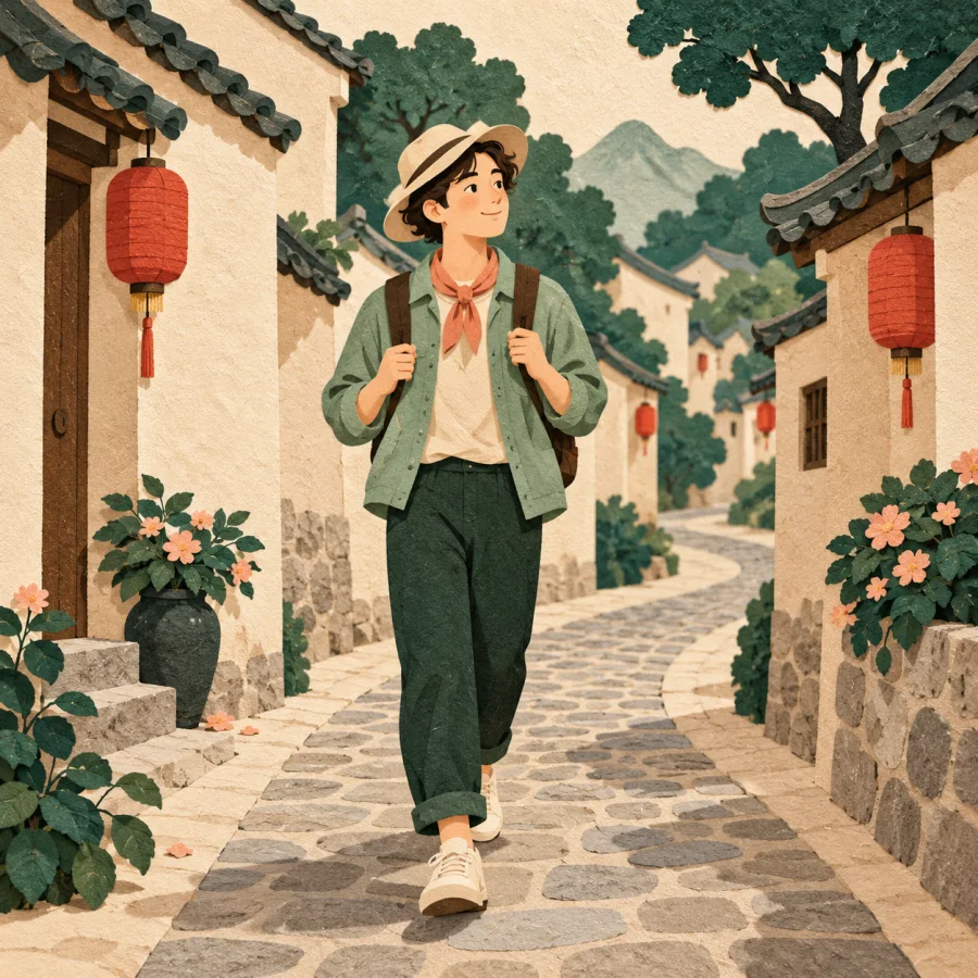A traveller with a backpack strolling down an old lane