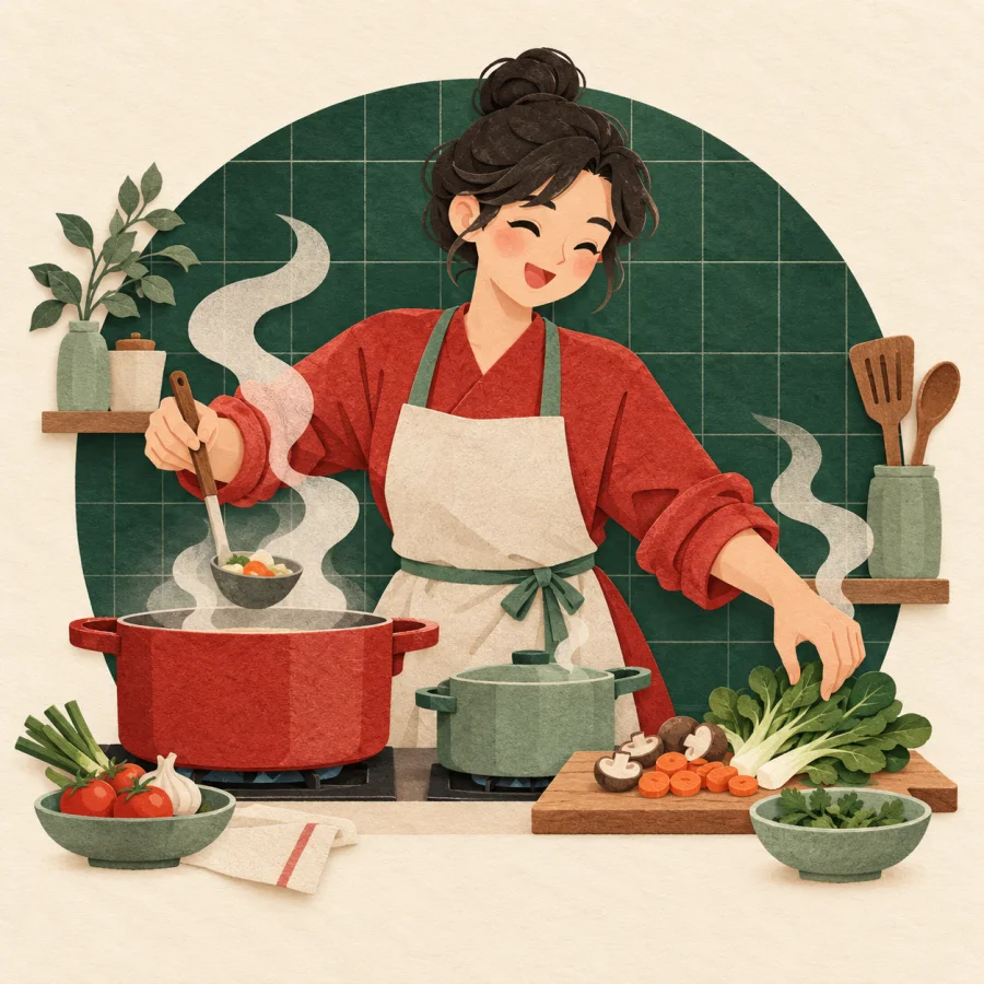 A woman bustling in the kitchen among pots and vegetables