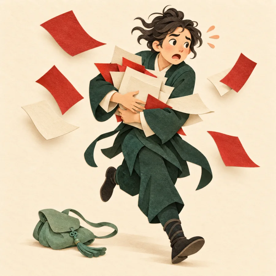 A person rushing about among scattered papers and bags