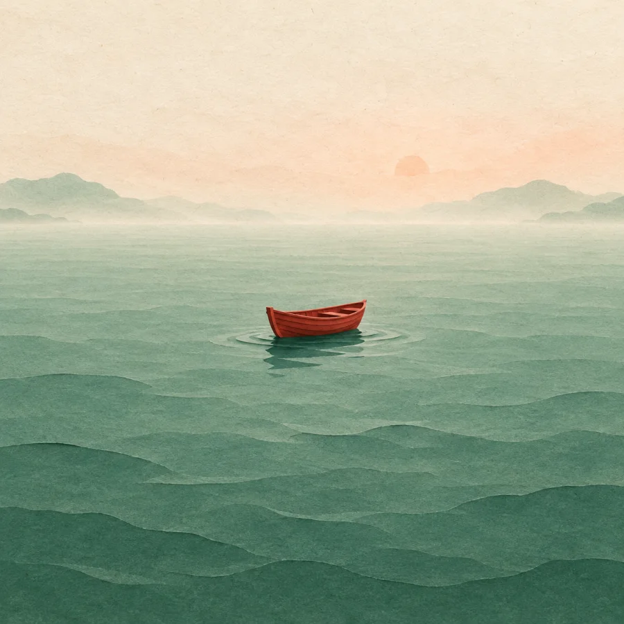 A small boat on a vast sea under a wide sky