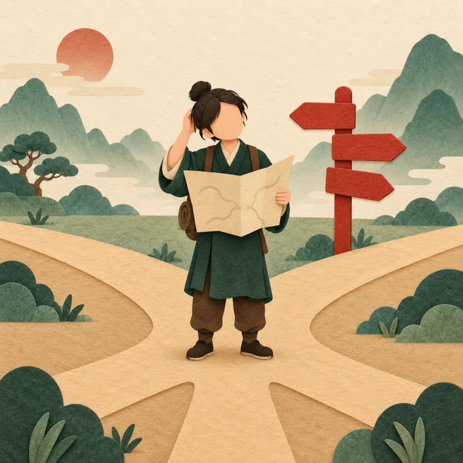 A person holding a map looking around in confusion
