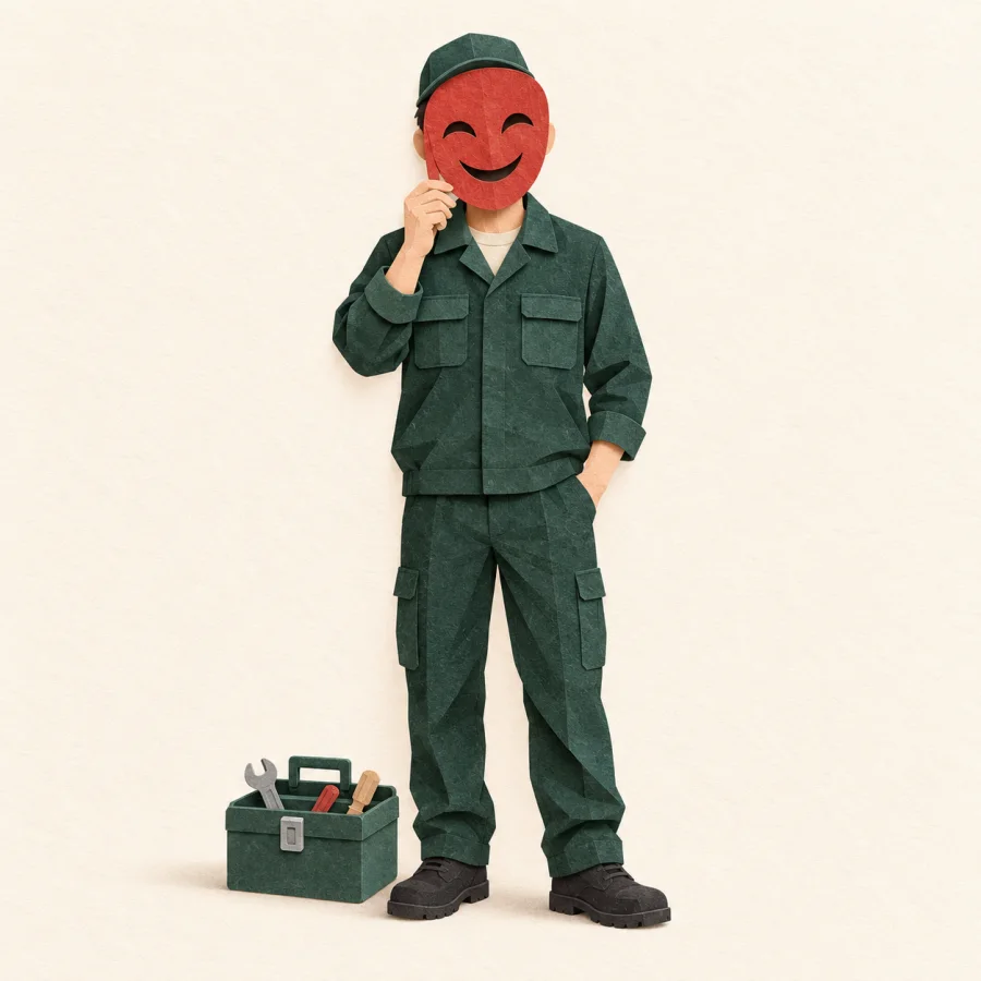 A person wearing a borrowed uniform and a false face mask
