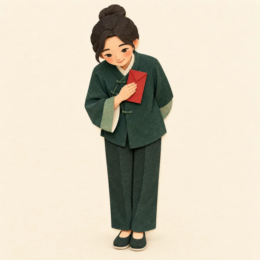A person bows politely holding a red envelope