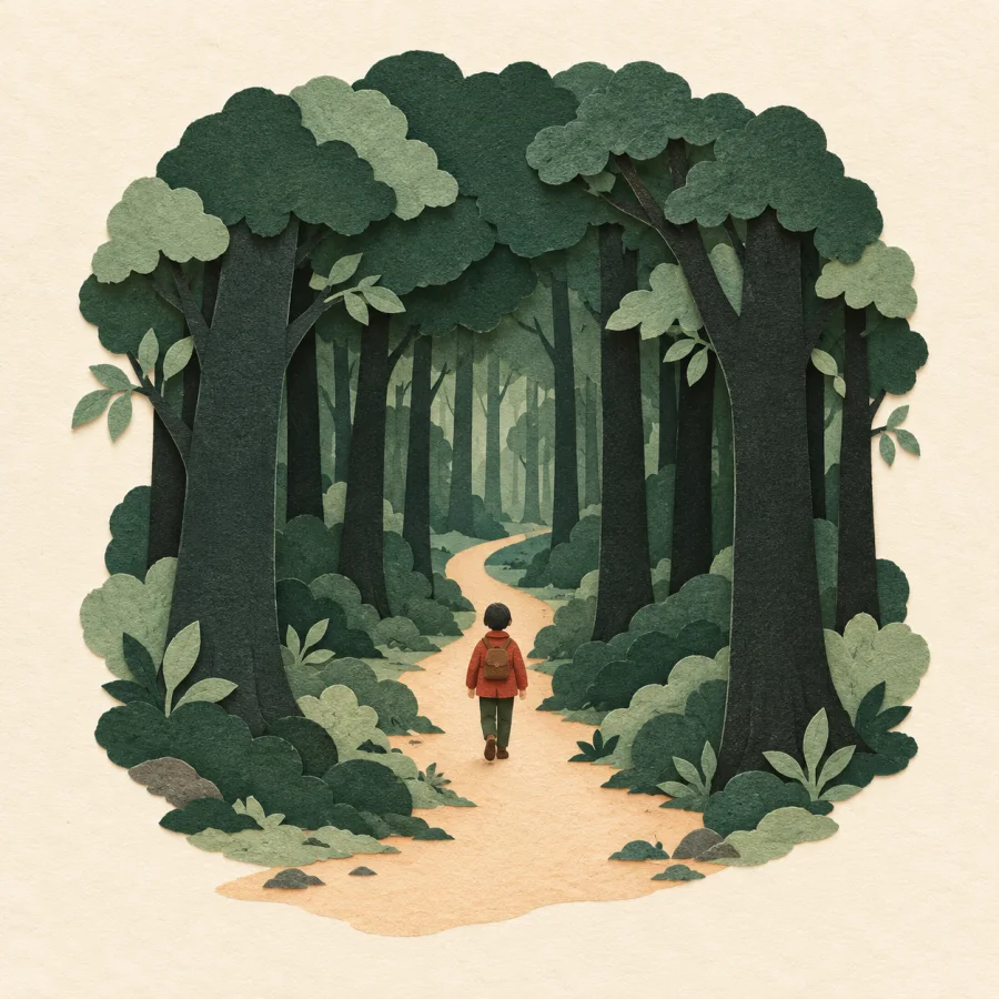 A person walks along a path into a dense forest