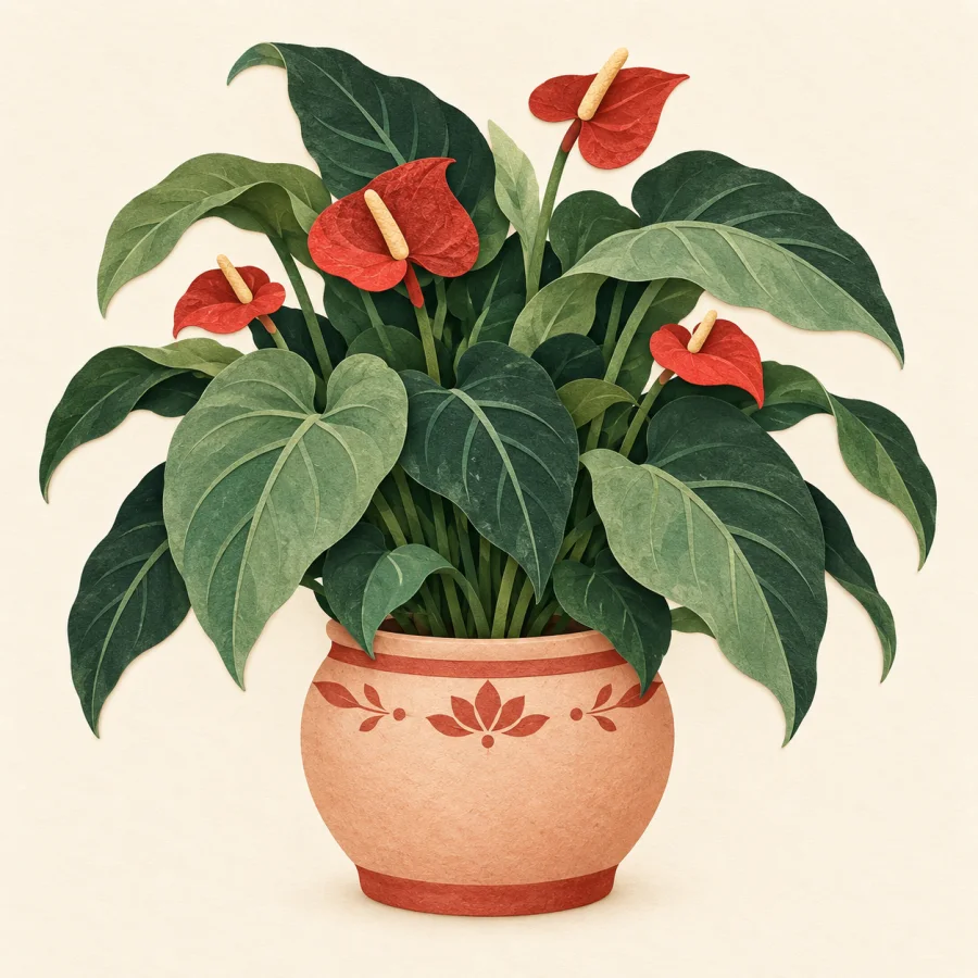 A big potted plant with lush leaves and red flowers