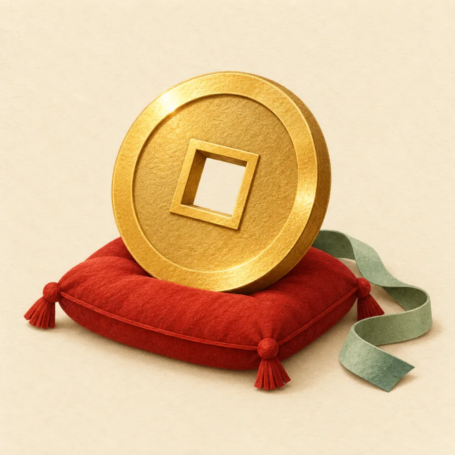 A coin with a square hole rests on a red cushion