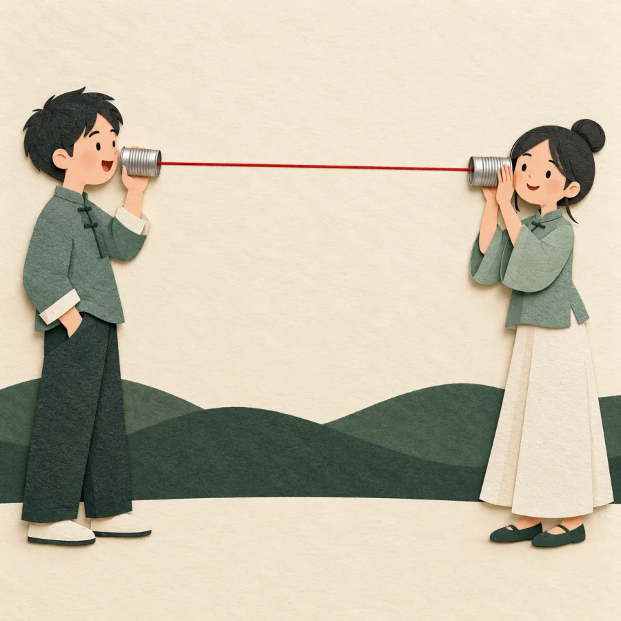 Two people talk through two cans joined by a taut string