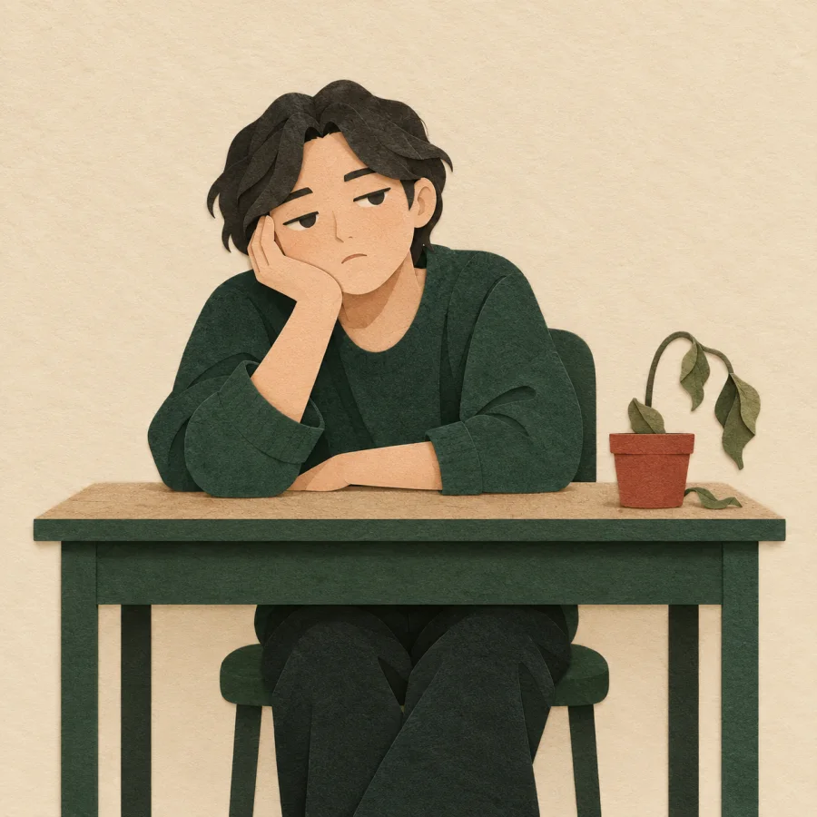 A bored person slumps at a desk beside a wilted plant