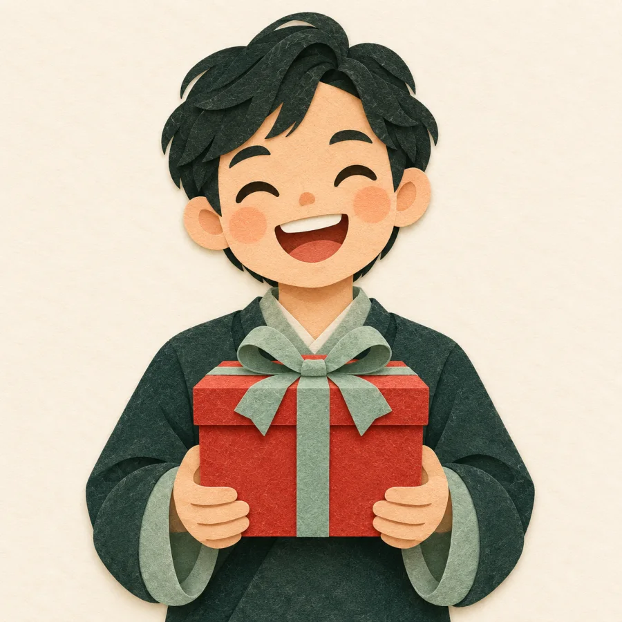 A beaming person smiles holding a red gift box