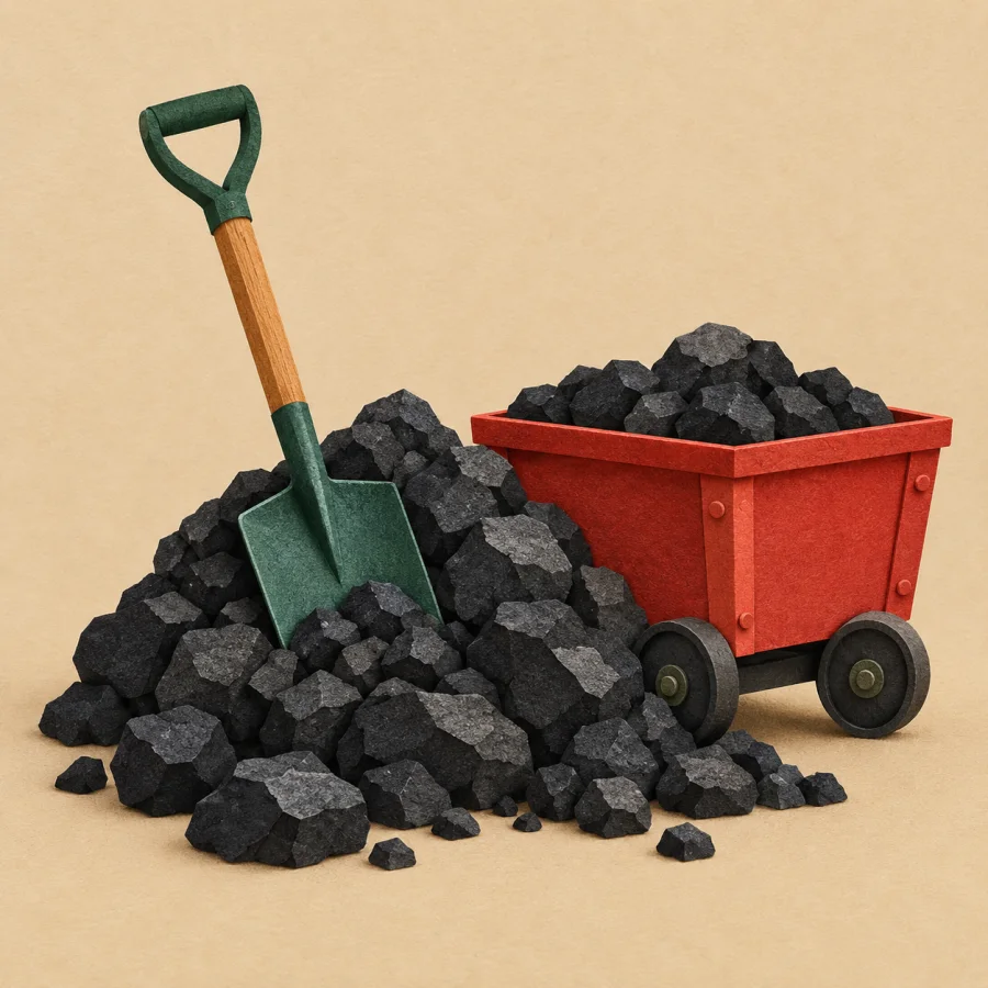 A pile of coal with a shovel beside a red cart