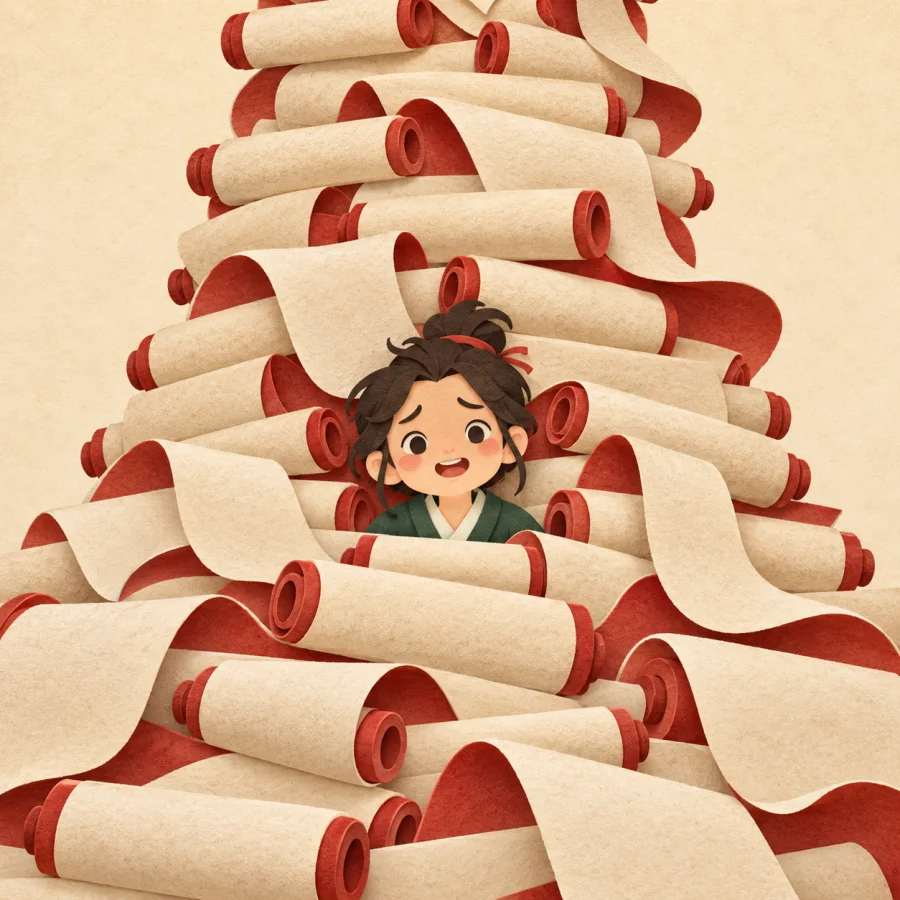 A person buried in an endless stack of scrolls
