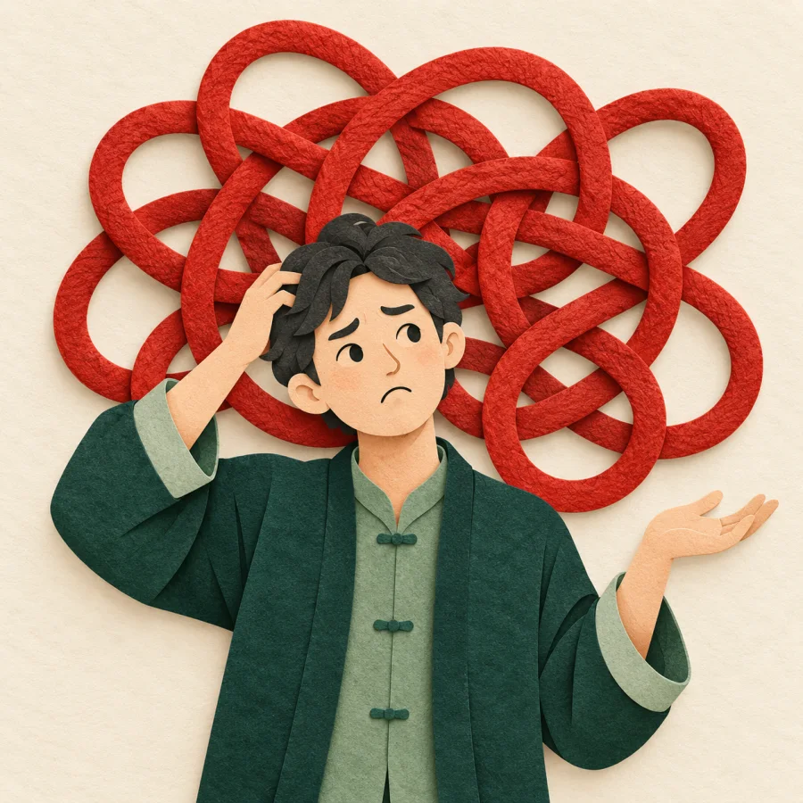 A person scratches their head before a tangled red rope
