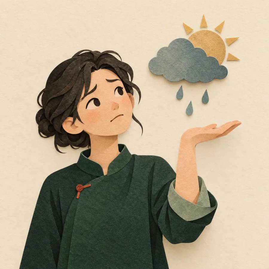 A person with a raised palm looks at a sky with sun and cloud