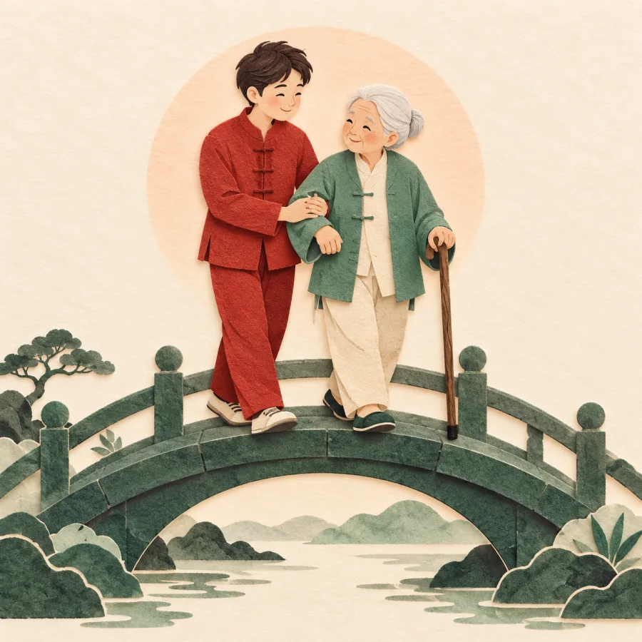 A young person helps an elderly person cross a bridge