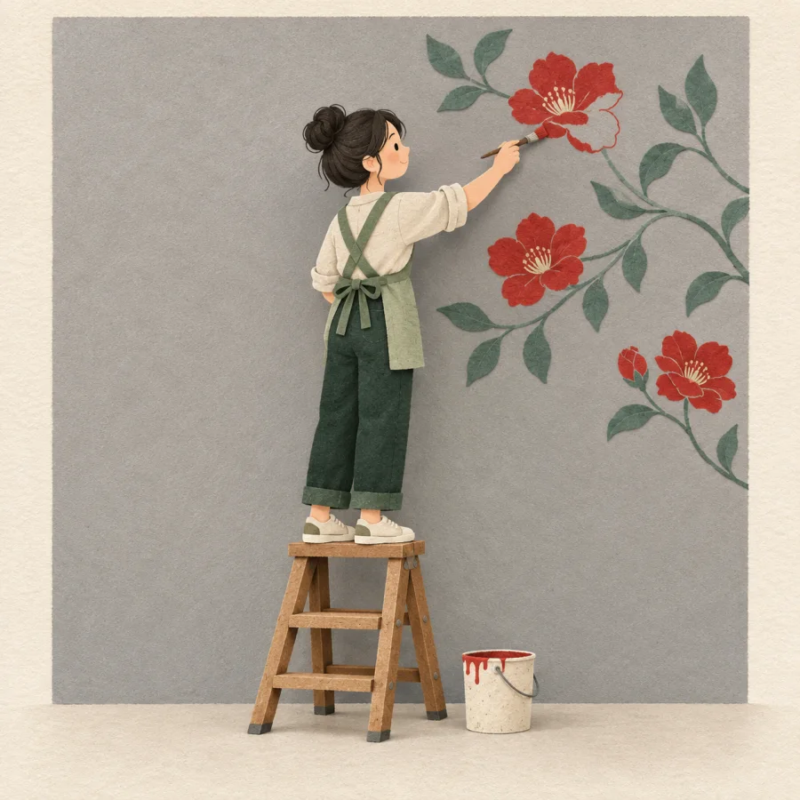 A person on a ladder paints flowers on a plain wall