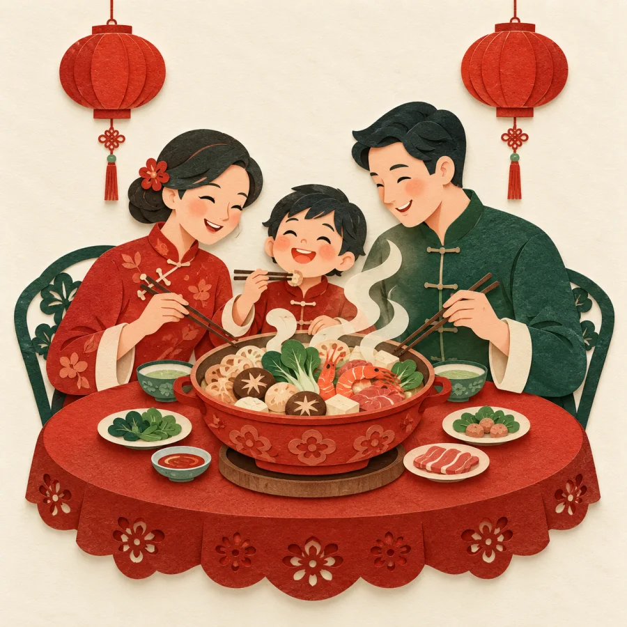 A smiling family of three at a round table under red lanterns
