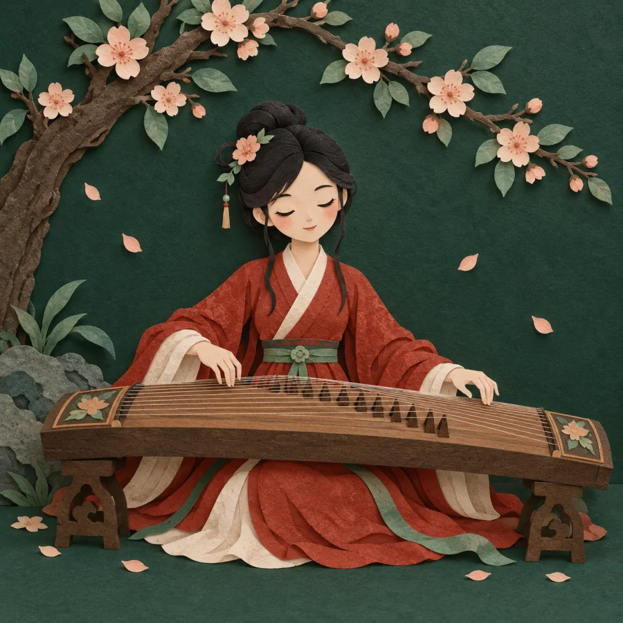 A person plays a zither under a blossoming tree