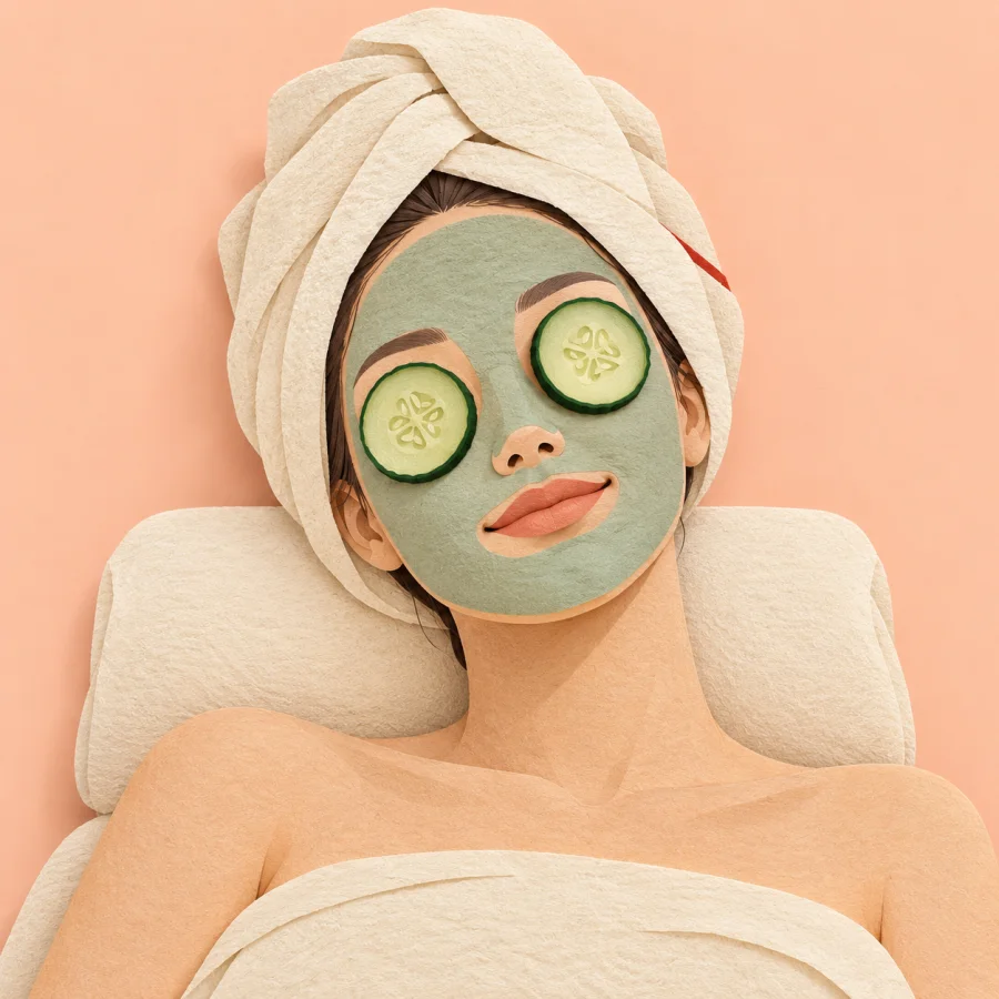 A person lies relaxed with a face mask and cucumber slices