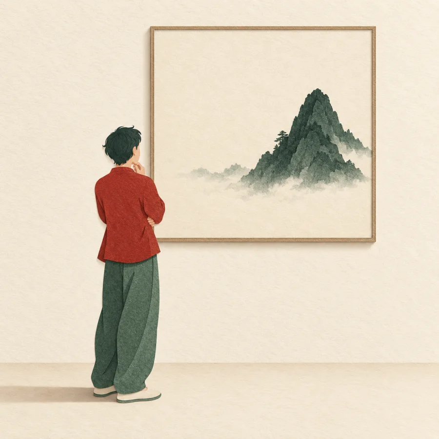 A person admires a painting of a mountain with blank space