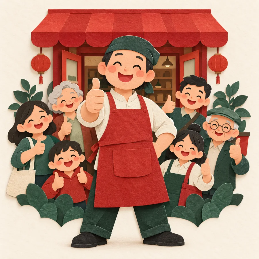 A shopkeeper stands by his shop with happy customers
