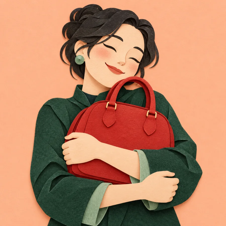A person hugs a red bag with a pleased smile