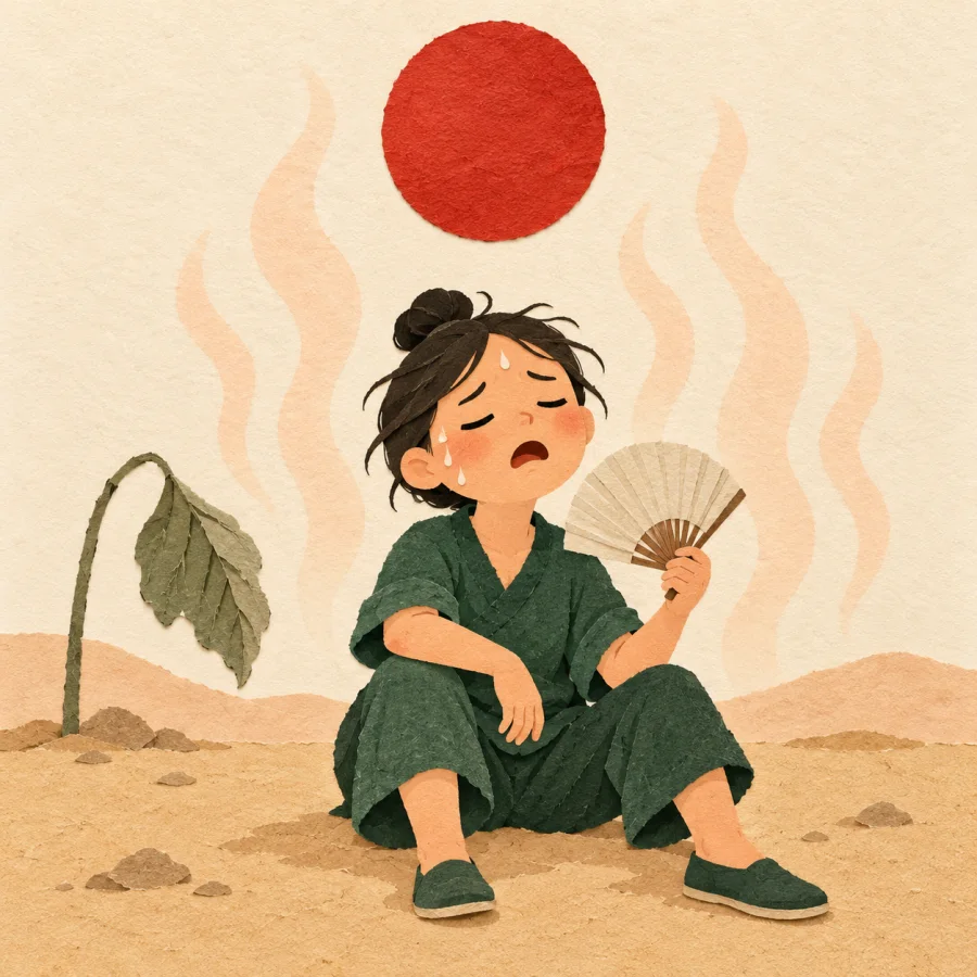 A sweaty person fans themselves under a blazing red sun