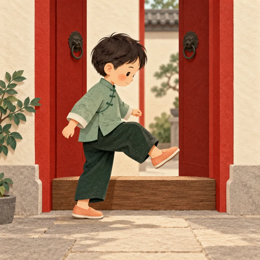 A small child lifts a leg to step over a high threshold