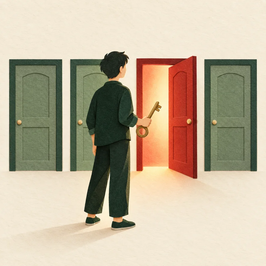 A person with a key before a row of doors, one open