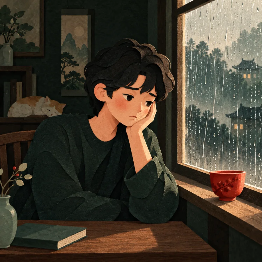 A person sits by a rainy window, chin in hand