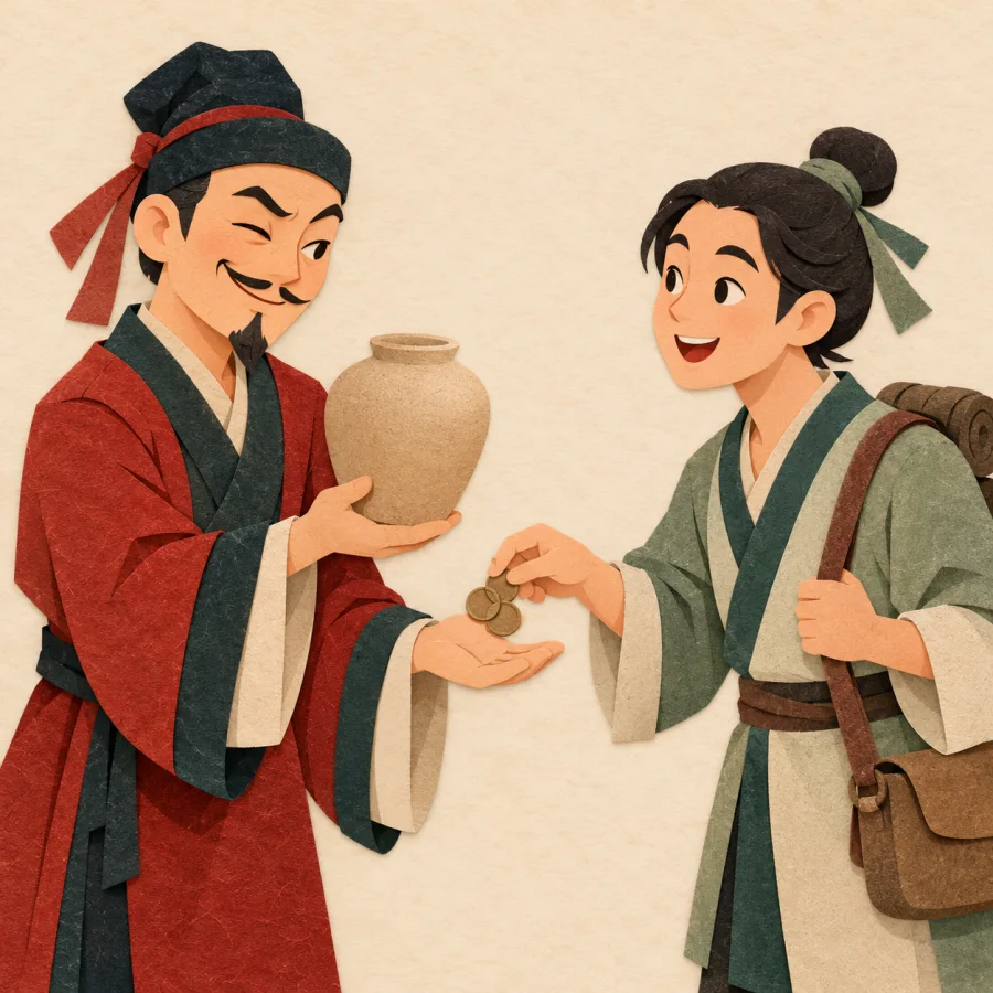 A sly vendor winks as a trusting traveler hands over coins