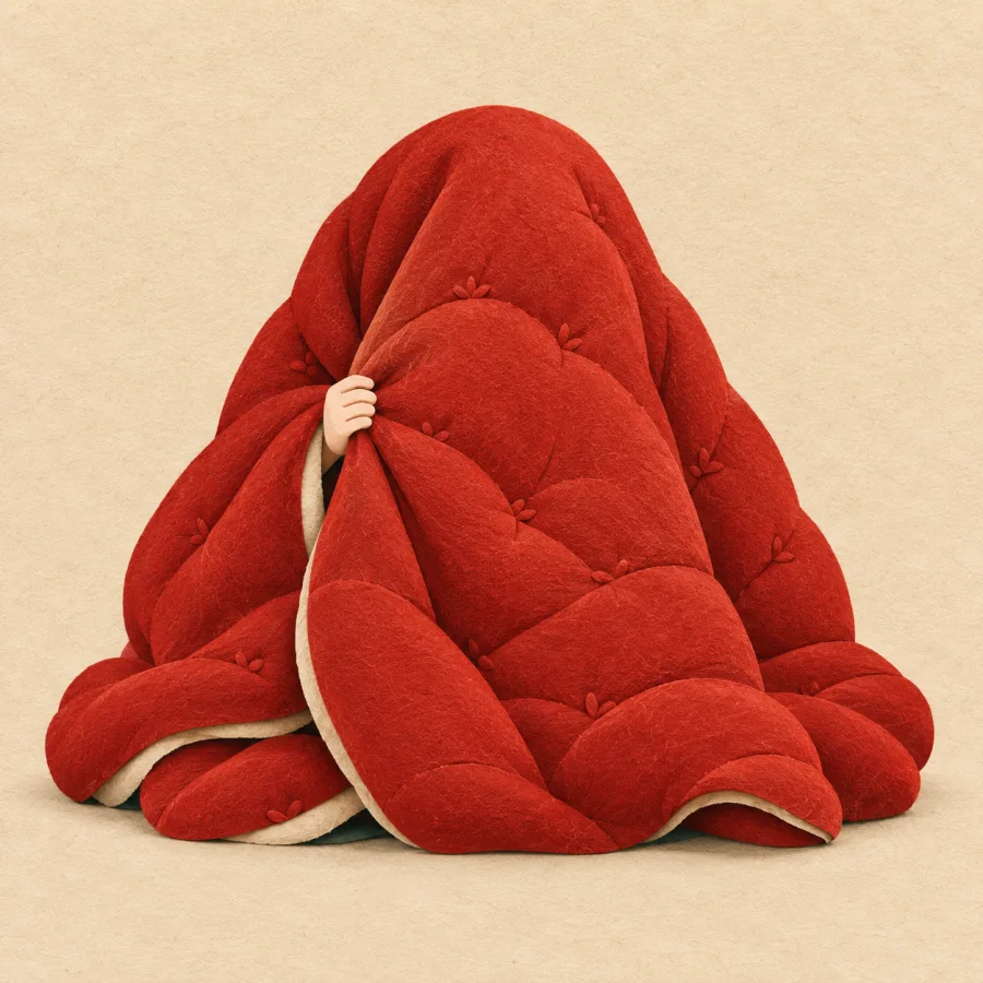A person hides under a red quilt, only a hand showing