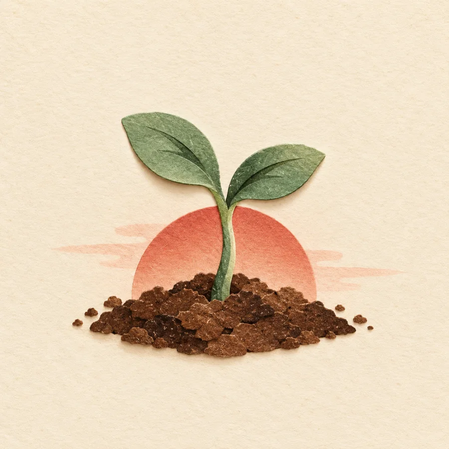 A tiny sprout with two leaves pushes up through soil