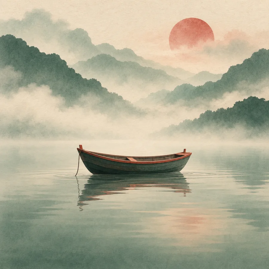 A lone boat on a hazy lake under a pale moon
