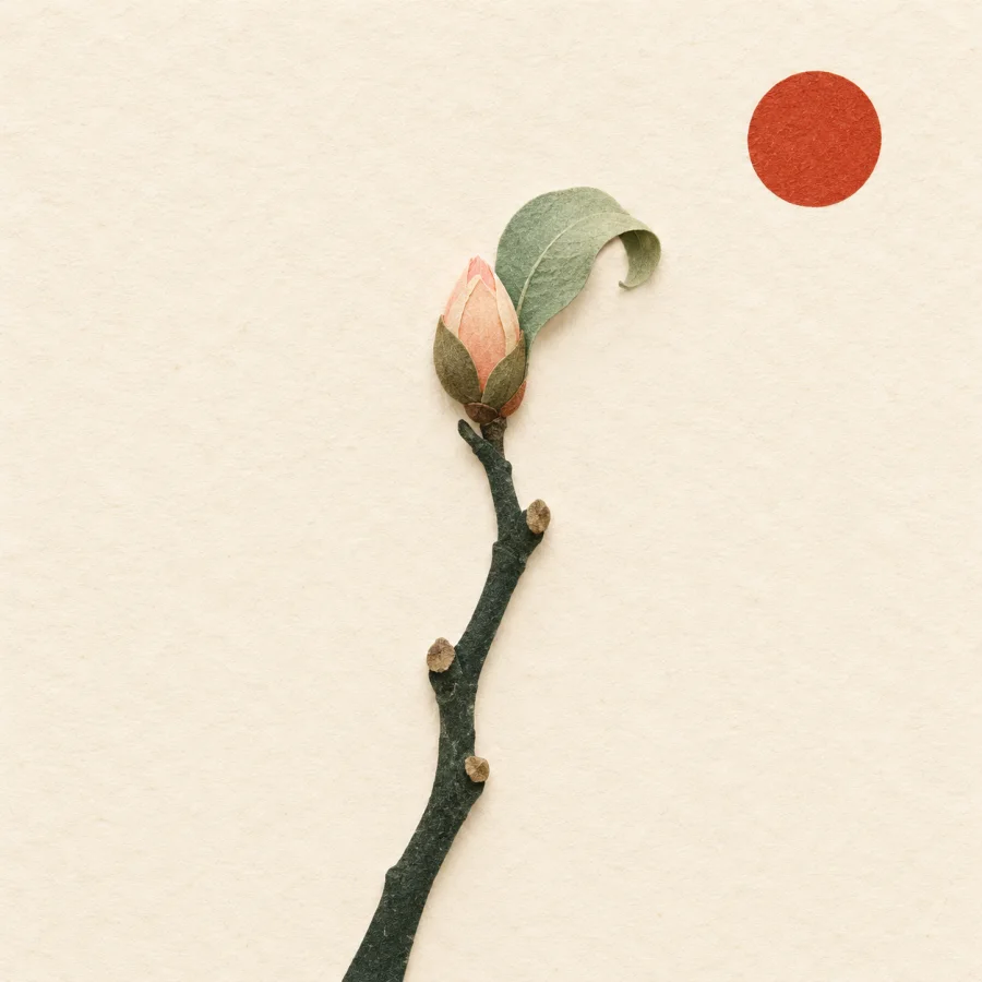 A bare twig with one curled green bud at the tip