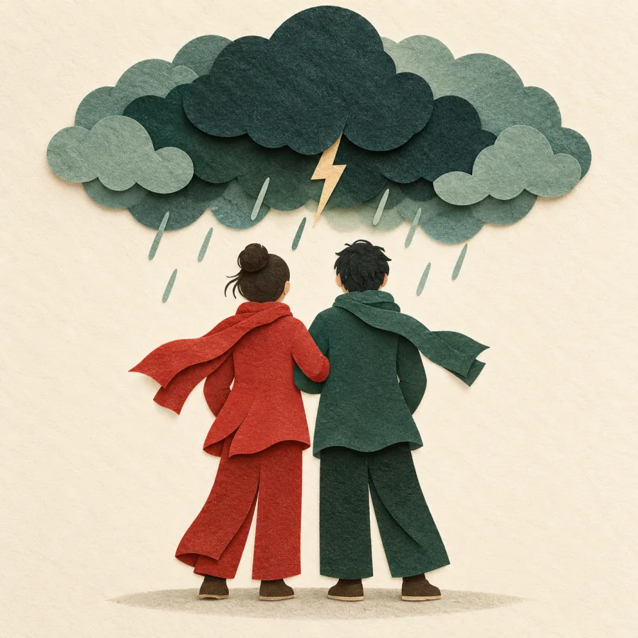 Two people stand arm in arm facing a storm cloud
