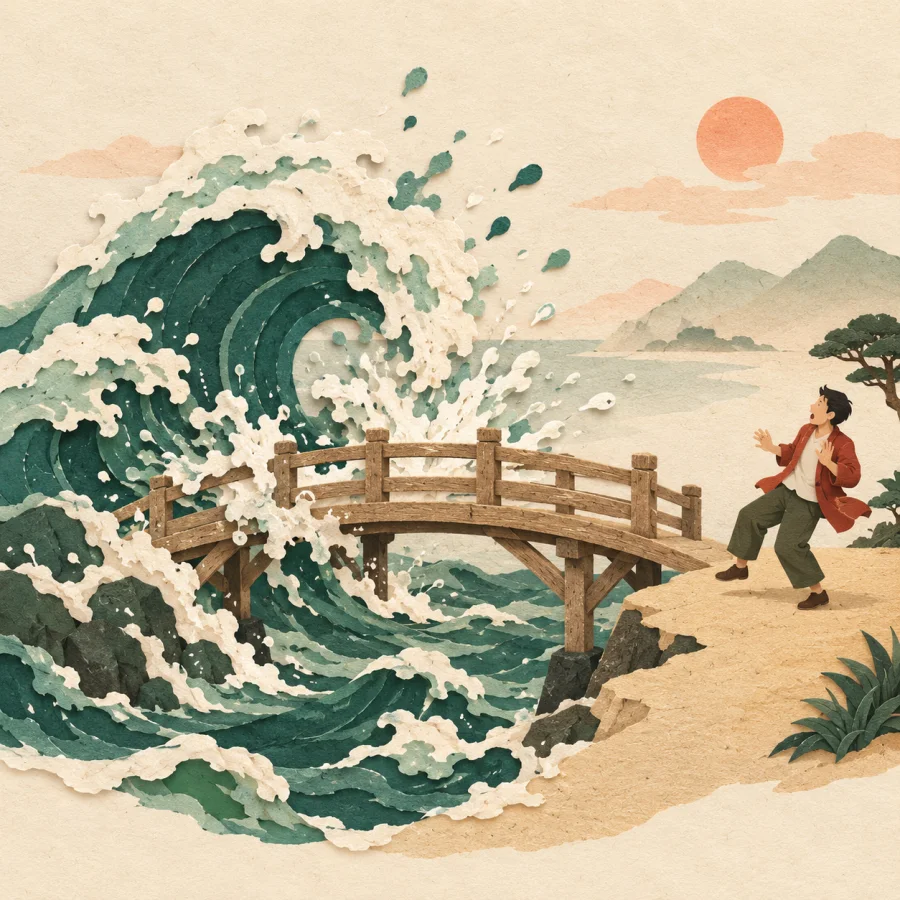 A big wave hits a bridge as a person steps back