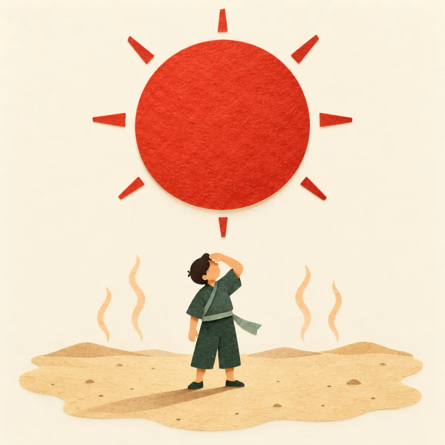 A blazing red sun over a person shielding their eyes