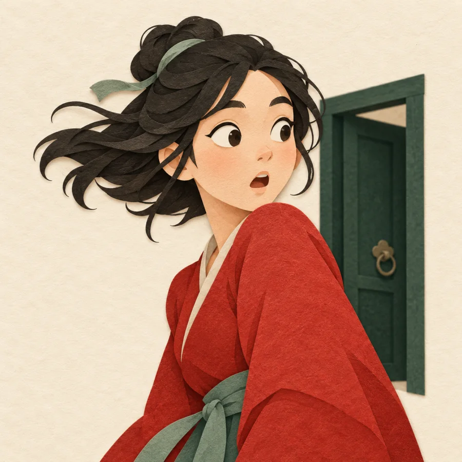 A person abruptly turns with wide, startled eyes