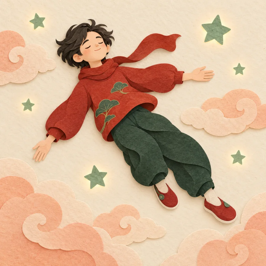 A person floats among pink clouds and glowing stars